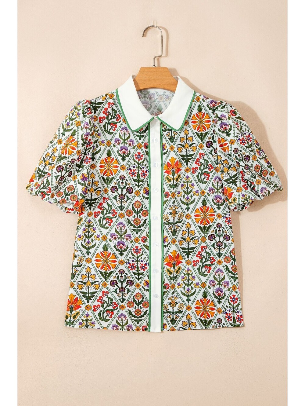 Vintage Style Floral Pattern Button-Up Shirt with Puff Sleeves - Picture 1 of 8